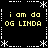 Black background with yellow text reading "i am da OG LINDA" in four quadrants, framed by white dashed lines and asterisk-like corner decorations.