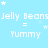 Light blue background with repeating white text and star symbols, displaying "Jelly Beans" followed by equals sign and "Yummy" in pixelated font.
