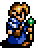 Pixel art character with brown hair and blue-and-white checkered shirt holding green-topped staff, standing against gray background.