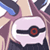 Pixelated static icon of a character with pink hair and dark clothing holding a white circular object with red-and-black symbol.