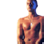 Static pixelated image of a shirtless male figure with blue hair, standing against white background.