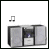 Animated sequence of a stereo system with musical notes and genre labels, transitioning to 'music is life' text.