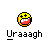 Pixelated yellow smiley face with black X eyes, red mouth showing white teeth, orange outline on gray background; below it is the text 'Uraaagh' in pixel font.