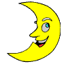 Yellow crescent moon with blue eyes and gray teeth, displaying multiple facial expressions against a gray background.