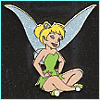 Animated Tinker Bell icon with green dress, yellow hair in buns, silver wings, and teal stars appearing sequentially on black background.