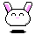 Pixel art bunny head with pink inner ears, black outline, and gray background; two expressions show mouth as horizontal line or heart shape.