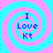 Four identical spiral patterns with alternating cyan and pink rings, each containing the text "I Love Kt" in blue pixelated font.