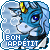 Blue unicorn with yellow horn and white mane, wearing black choker, against light blue background with white bubbles, text "BON APPETIT" below.
