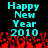 Pixelated cyan text reads 'Happy New Year 2010' above red pixelated flames on a black background.