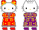 Pixel art of four Hello Kitty characters in traditional Japanese attire with red and purple patterns, each with distinct facial expressions and poses.