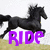 Pixelated black horse in mid-gallop with purple text 'RIDE' overlaid on a light background.
