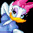 Pixelated cartoon duck character with pink hair and blue dress in two side-by-side frames showing slight facial expression changes.