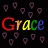 Colorful 'Grace' text with shifting letter colors on black background, surrounded by small purple triangular shapes.
