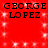 Red background with repeated black text 'GEORGE LOPEZ' and white square sparkles, arranged in a pattern