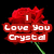 Pixelated red rose with green stem, white text 'Love You Crystal' on red banners, black background, static image.