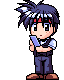 Pixel art character with spiky dark blue hair and red forehead markings, wearing a light purple sleeveless top over white undershirt and dark pants.
