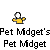 Pixelated yellow figure with white head and outstretched arms, repeated in multiple configurations above text reading "Pet Midget's Pet Midget" on gray background.