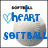 Pixelated icon with blue text 'HEART SOFTBALL' over a gray softball, a blue heart symbol, and a black-and-blue bat above.