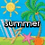 Pixelated beach scene with sun, palm trees, and starfish; text changes from 'summer' to ''08' then adds 'is gonna be great!' across frames.