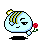 Pixelated light blue character with yellow striped hair, holding red rose, displaying three distinct poses: left side view with closed eye and flower, front-facing with half-closed eyes and floating bubble, bottom pose with arms outstretched.
