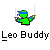 Pixelated green figure with blue headband holds two white candles on brown stands against gray background, below text "Leo Buddy".