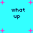 Cyan background with four instances of 'what up' text and scattered pink plus signs, some forming small clusters.