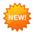Pixelated orange-yellow starburst shape with white text reading 'NEW!' centered on its surface, set against a solid gray background.