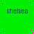 Green background with repeated dark blue 'chelsea' text in a , scattered pink dots, and a gray rectangle at bottom right