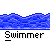 Pixel art contact sheet showing eight sequential frames of a swimmer character in blue water with repeated "Swimmer" text labels beneath each frame.