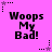 Pixelated text "Woops My Bad!" on bright pink background with star and dot patterns, animated by changing star colors.