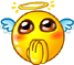 Yellow circular emoji with brown eyes, pink cheeks, golden halo, blue wings, and hands clasped in prayer pose.