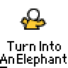 Animated contact sheet showing a yellow cartoon character transforming into an elephant across 15 frames with repeated text "Turn Into An Elephant" below each frame.