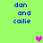 Green background with blue text 'dan and cailie' repeated in two , pink heart symbols appear between the