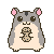 Pixelated hamster with gray body, pink ears, and beige belly holds a brown nut in its paws against light gray background.