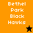 Pixelated text 'Bethel Park Black Hawks' appears on orange, brown, and black backgrounds with a star icon changing from black to orange.