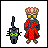 Pixel art featuring a character in red robe with yellow glasses and a crown, alongside a black cat with green eyes on white background.