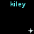 A black background displays the word 'kiley' in cyan text with animated white symbols appearing and changing above it.