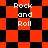 Red and black checkered pattern with 'Rock and Roll' text in white pixelated font, transitioning from square to diamond