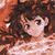 Pixelated image of a character with brown curly hair, light skin, and dark eyes, wearing a white top with orange patterns against an orange background.