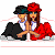 A 50x50 pixel animated buddy icon featuring two cartoon characters in formal attire on a white background, transitioning to a pink promotional graphic with text and a logo.