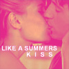 Two people in close proximity with lips touching, overlaid with pixelated text reading "LIKE A SUMMERS KISS" in a pink-toned image.