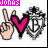 Animated contact sheet of six 48x48 pixel AIM buddy icons showing a hand making peace sign, pink heart, and shield emblem with 'P' lettering across frames.