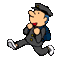 Pixelated cartoon character in dark uniform with blue backpack, shown in four sequential poses: jumping mid-air, walking forward, running leftward, and standing still.
