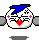 Pixelated cartoon character with blue hair, pink cheeks, and red mouth in three of two, with one missing a rightmost frame