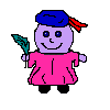 Pixelated character in pink robe and blue cap with red ribbon holds green leaf, displaying four distinct facial expressions across observations.