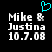 Pixelated text displays 'Mike & Justina 10.7.08' with a cyan heart symbol above the ampersand on black background.