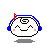 Pixelated character with blue headphones, white face, pink cheeks, and a spiral symbol on forehead; red or green musical note above head in different frames.
