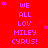 Red background with repeated pink text "WE ALL LOV MILEY CYRUS!" and scattered pink stars, with a gray rectangle in the bottom-right corner.