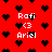 Red background with black heart shapes and white text reading 'Rafi', '<3', and 'Ariel' in pixelated font.