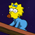 Pixelated cartoon character with yellow hair and blue dress sits on brown surface against dark blue background, mouth open in orange shape.